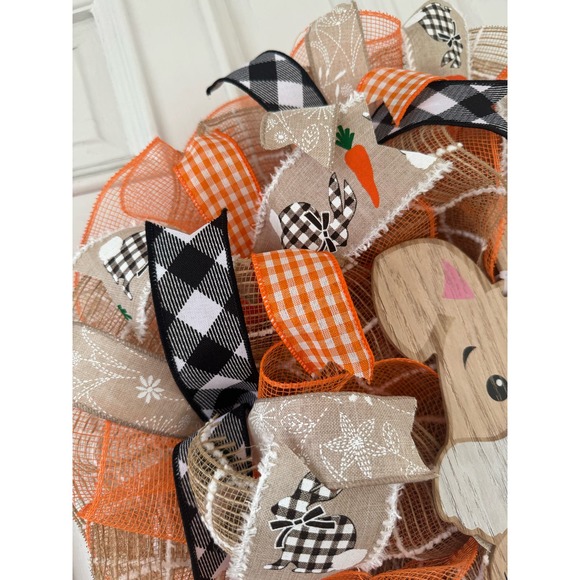 Bunny Rabbit Carrot Welcome Buffalo Check Mesh Ribbon Spring Easter Wreath - Picture 4 of 8